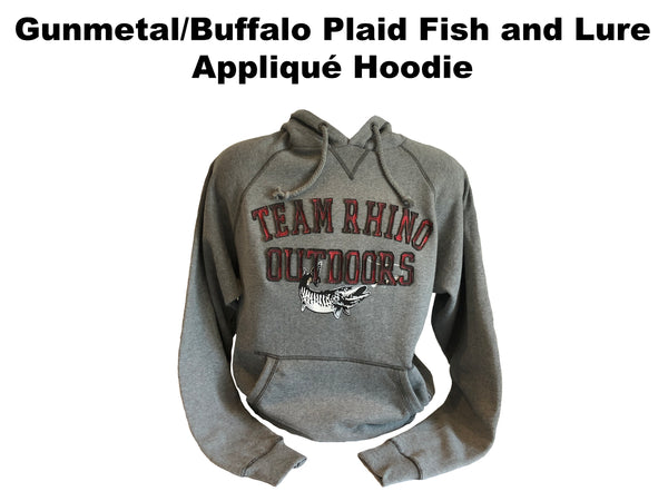 TRO - Gunmetal/Buffalo Plaid Fish and Lure Appliqué Hoodie (XS and M Only)