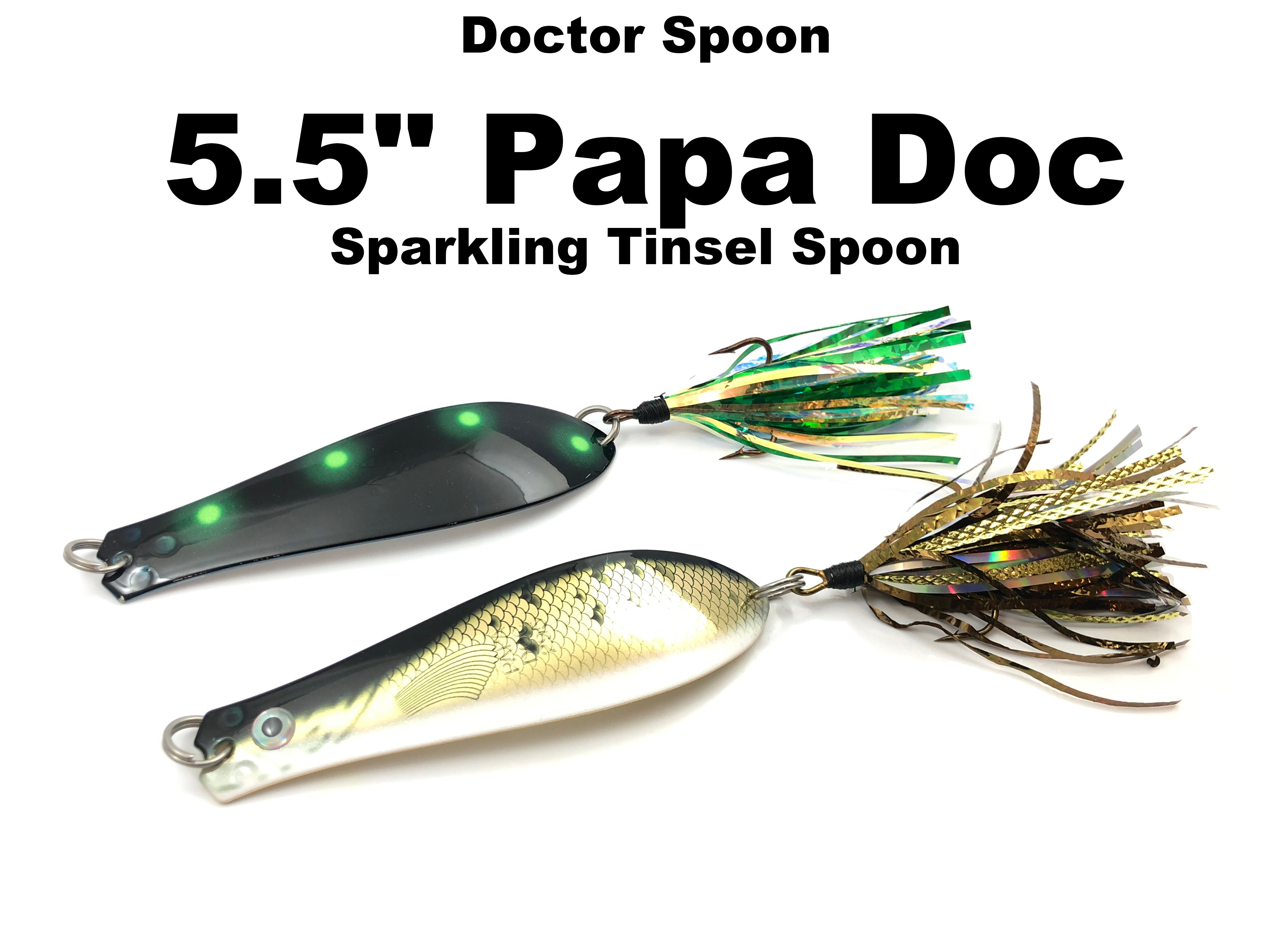 doc shelton fishing lure Doctor Spoon 5.5" Papa Doc Sparkling Tinsel Spoon – Team Rhino Outdoors LLC